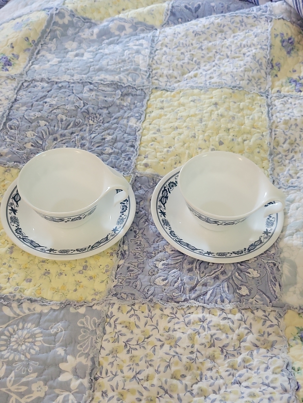 Corelle Livingware By Corning Blue Trim White Porcelain Teacup and Saucer
